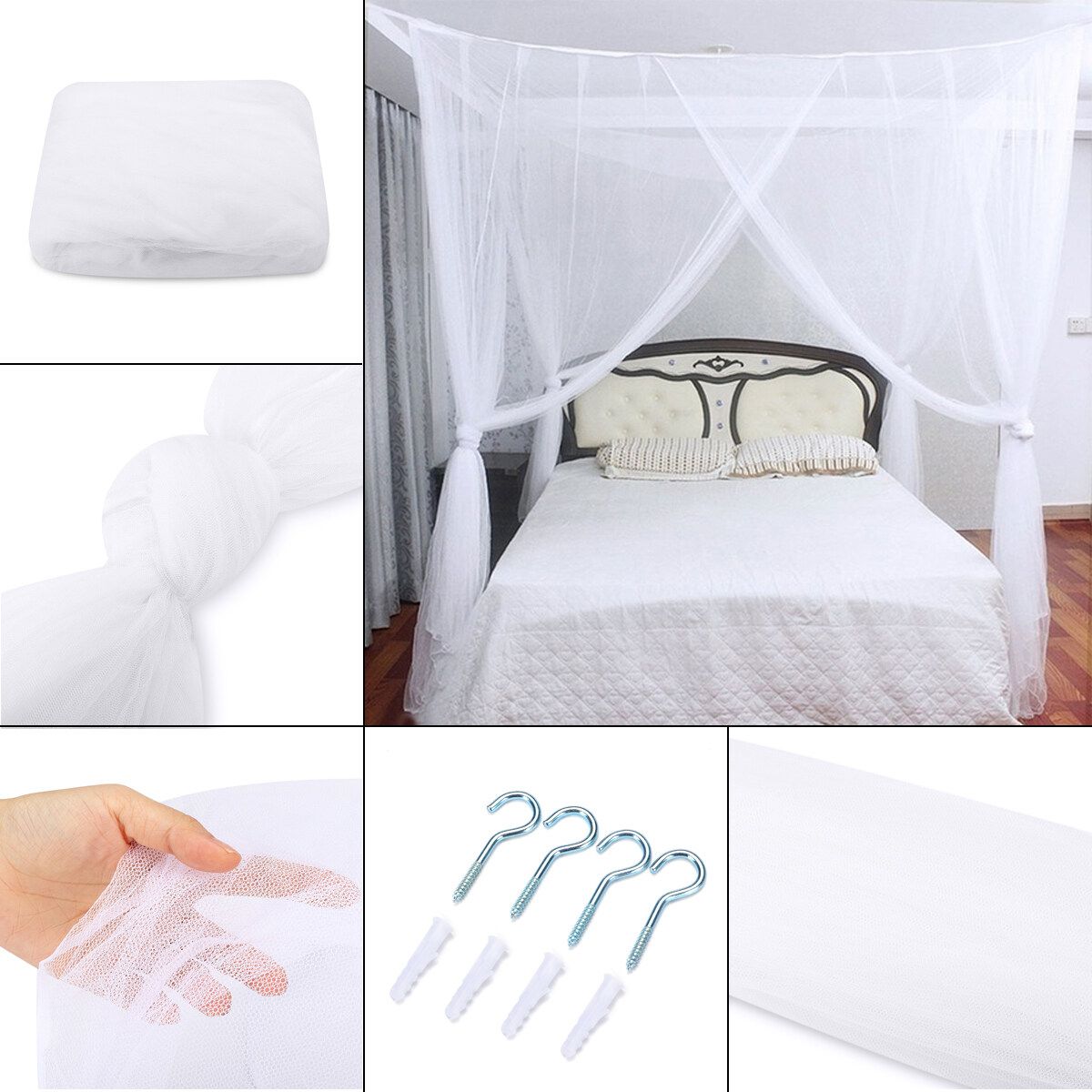Mosquito Net Polyester Fabric Protection Bedding 4-Corner Bed Netting Canopy White