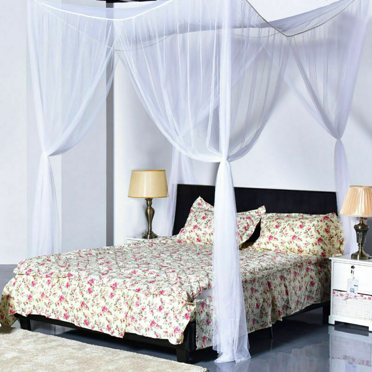 Mosquito Net Polyester Fabric Protection Bedding 4-Corner Bed Netting Canopy White