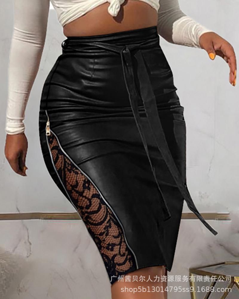 2021 New Sexy Split Lace Splice Slim Fit Lace Strap Half Leather Skirt