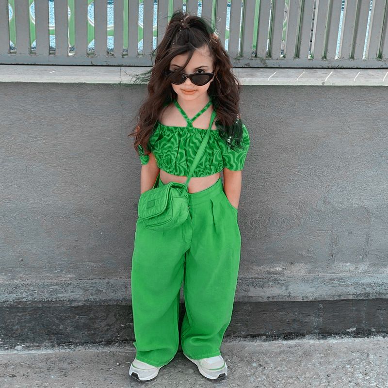 Girls' 2Pieces Pants Set Candy Color Sweet Halter Neck Clothing- Green