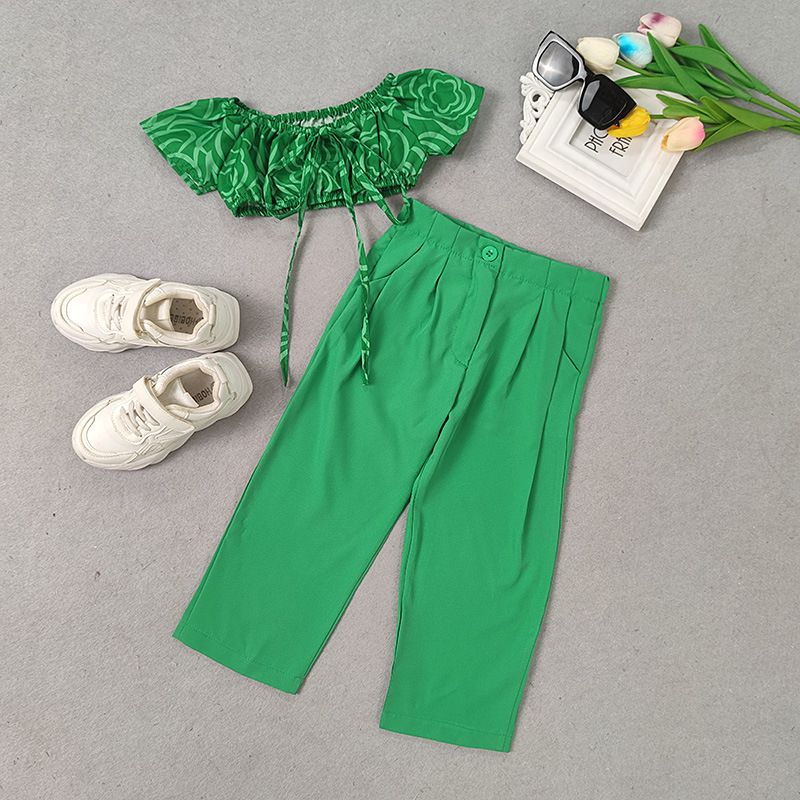 Girls' 2Pieces Pants Set Candy Color Sweet Halter Neck Clothing- Green