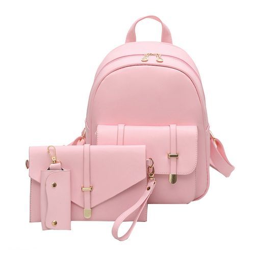 (pink)3pcs/Set Women PU Leather Backpack Female Solid Color