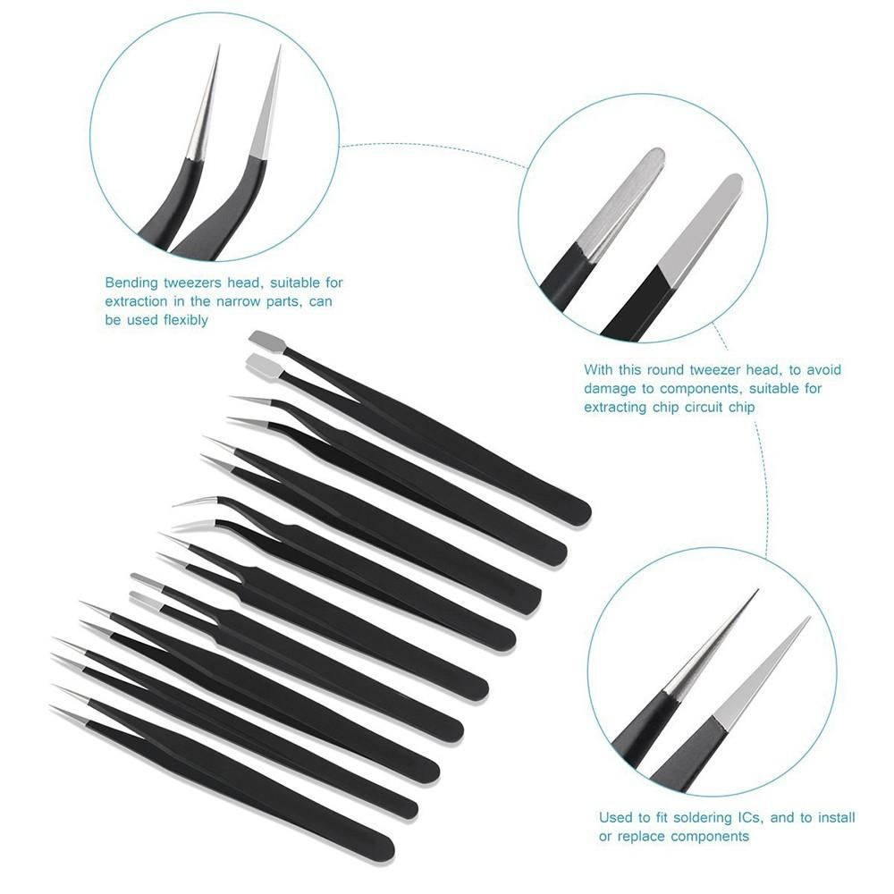 Anti-static Stainless Steel Precision Jewelry-making Tweezers Kit with Bag for Electronics
