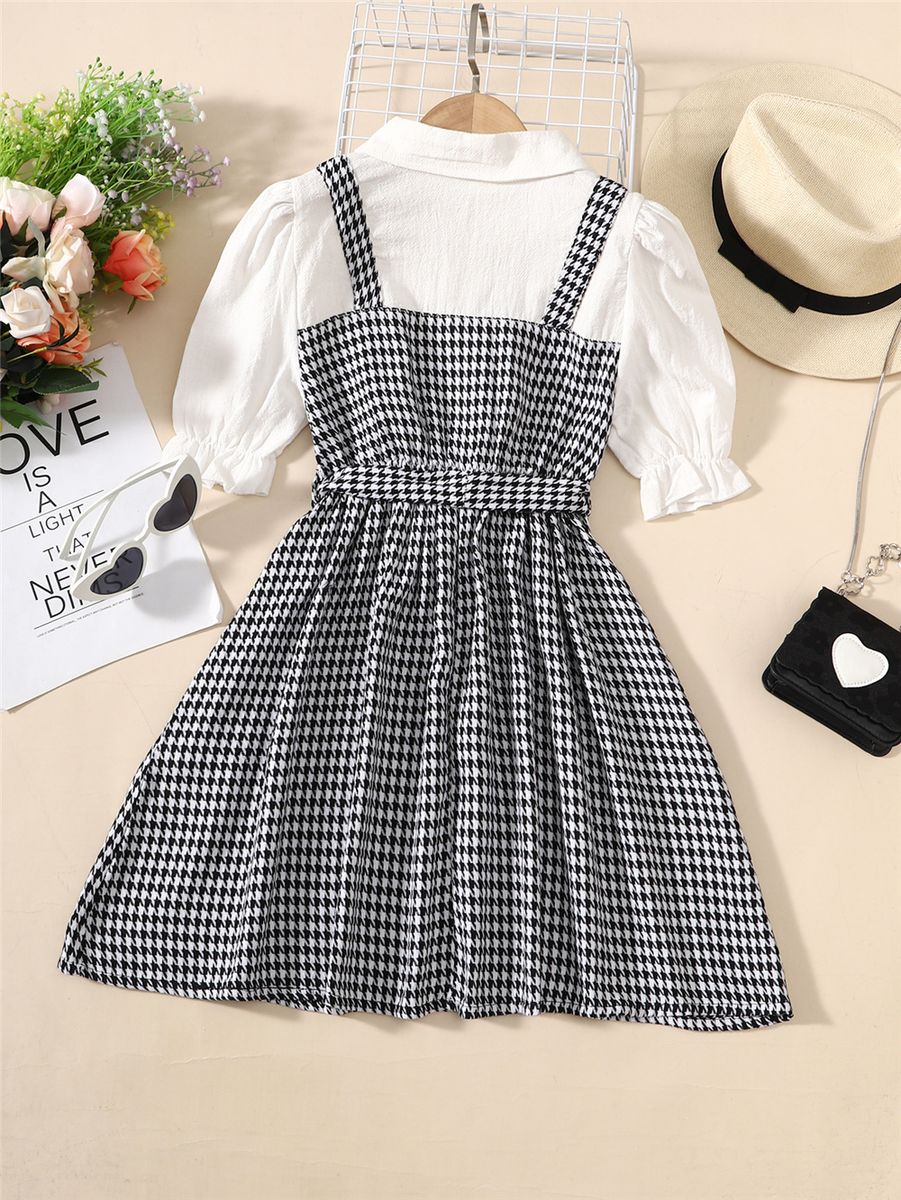 Children Girl Dress White Bubble Short Sleeve Plaid Dresses For 8-12 Years
