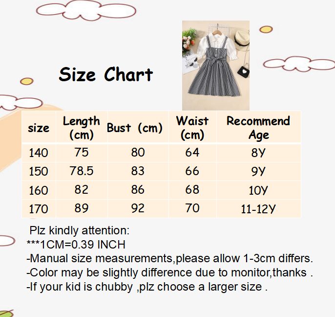 Children Girl Dress White Bubble Short Sleeve Plaid Dresses For 8-12 Years