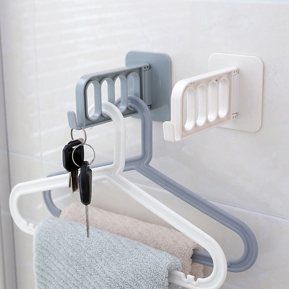 Folding Wall Door Mounted Adhesive 4 Holes Clothes Hanger Hook Storage Rack-