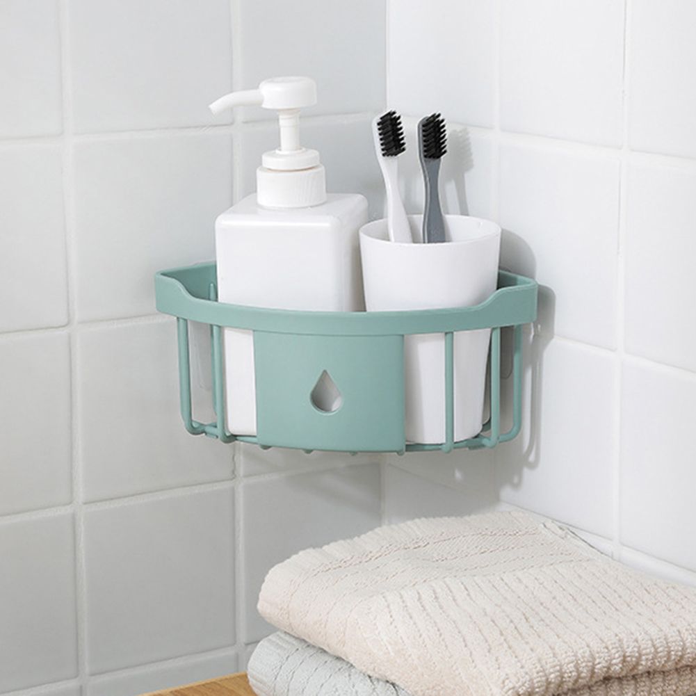 Wall Mount Triangle Corner Storage Rack Basket Kitchen Bathroom Organizer Shelf-Green