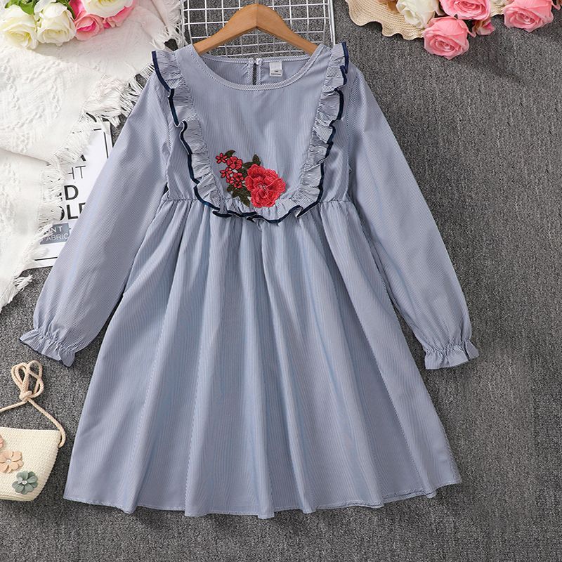 5-13 Years Kid Girl Dress/Rose Embroidered Crew Neckline Blue Long Sleeved Dress