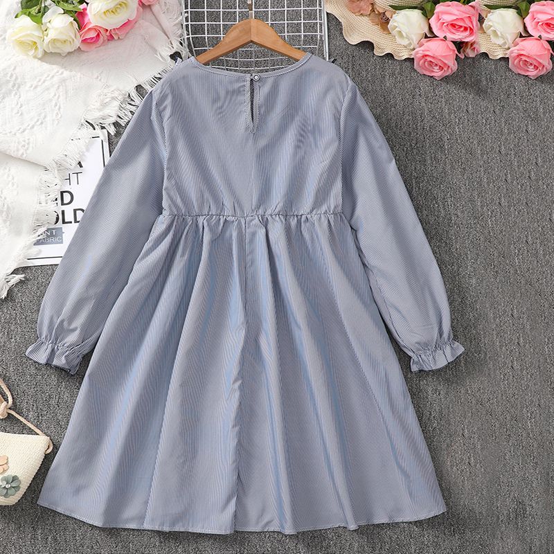 5-13 Years Kid Girl Dress/Rose Embroidered Crew Neckline Blue Long Sleeved Dress