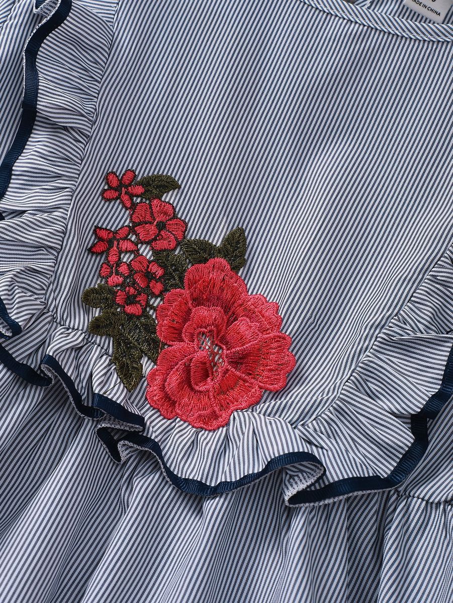5-13 Years Kid Girl Dress/Rose Embroidered Crew Neckline Blue Long Sleeved Dress
