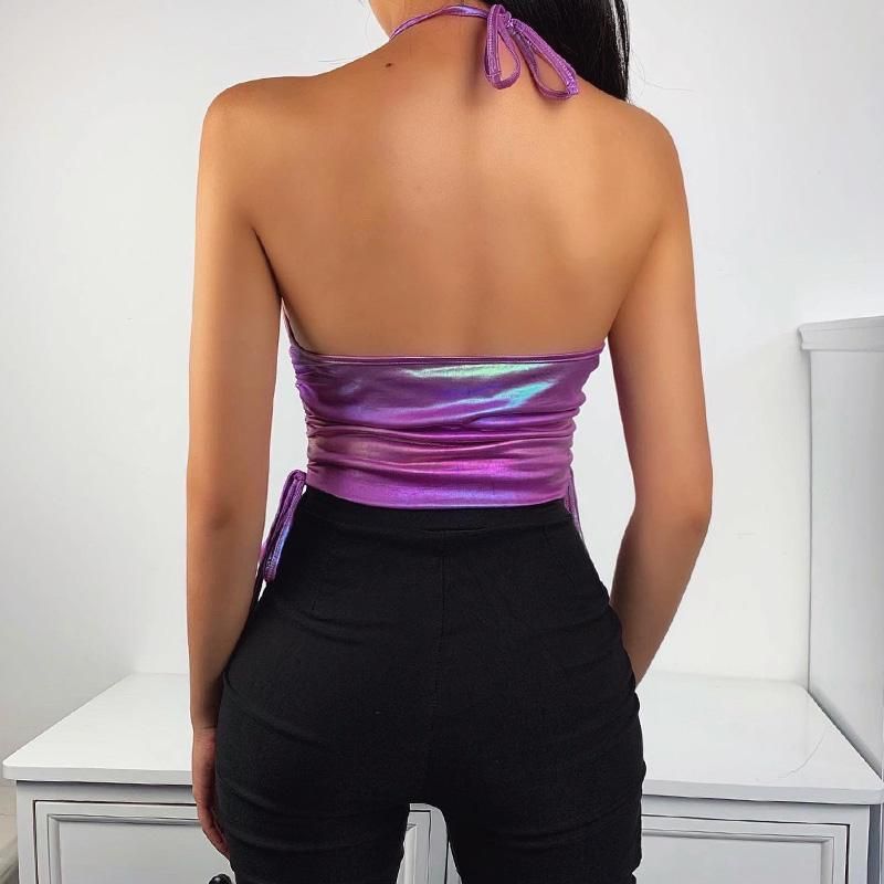 Top short neck halter for women sexy purple camisole with informal lateral lace Camisole with back to air top street