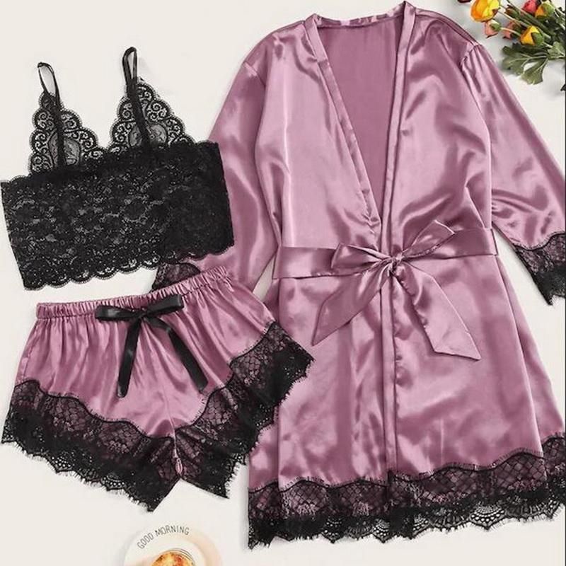 Set of lace pajamas for women Sleepwear Sexy Balette Shorts Bath Bathe Pijamas Satin 3 Pieces