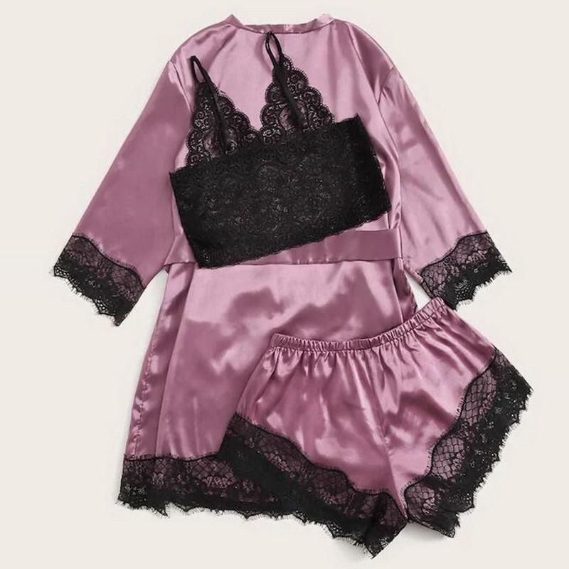 Set of lace pajamas for women Sleepwear Sexy Balette Shorts Bath Bathe Pijamas Satin 3 Pieces