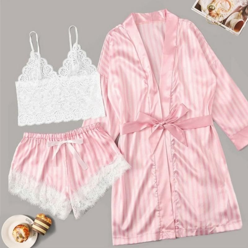 Set of lace pajamas for women Sleepwear Sexy Balette Shorts Bath Bathe Pijamas Satin 3 Pieces