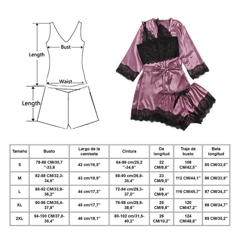 Set of lace pajamas for women Sleepwear Sexy Balette Shorts Bath Bathe Pijamas Satin 3 Pieces