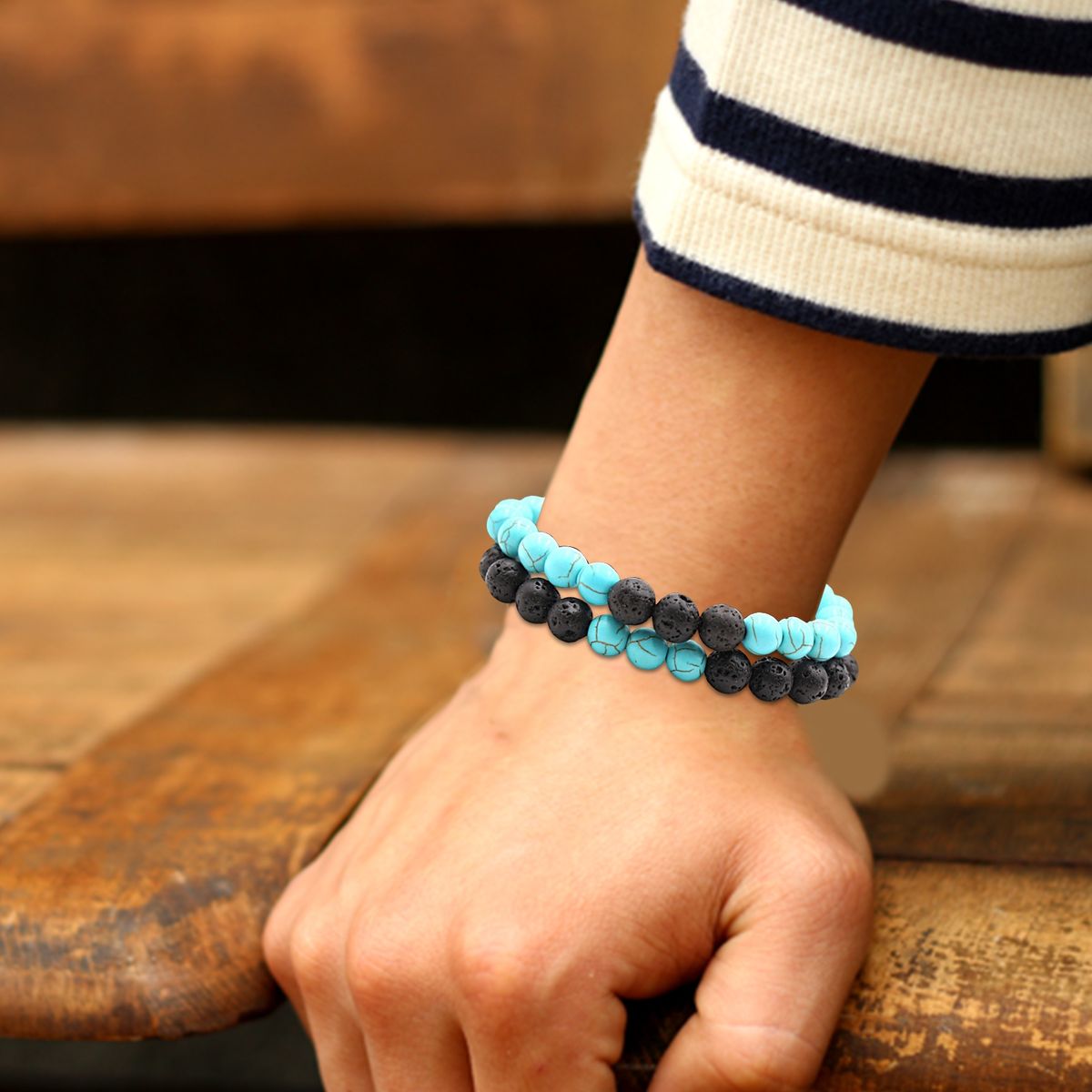 2Pcs Beaded Bracelet Couples Distance Black White Bracelet B