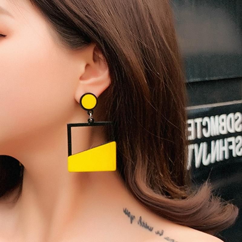 UJBOX Exaggerated Yellow & Black Acrylic Stitching Earrings for Women Girls Party Dangle Earrings Accessories