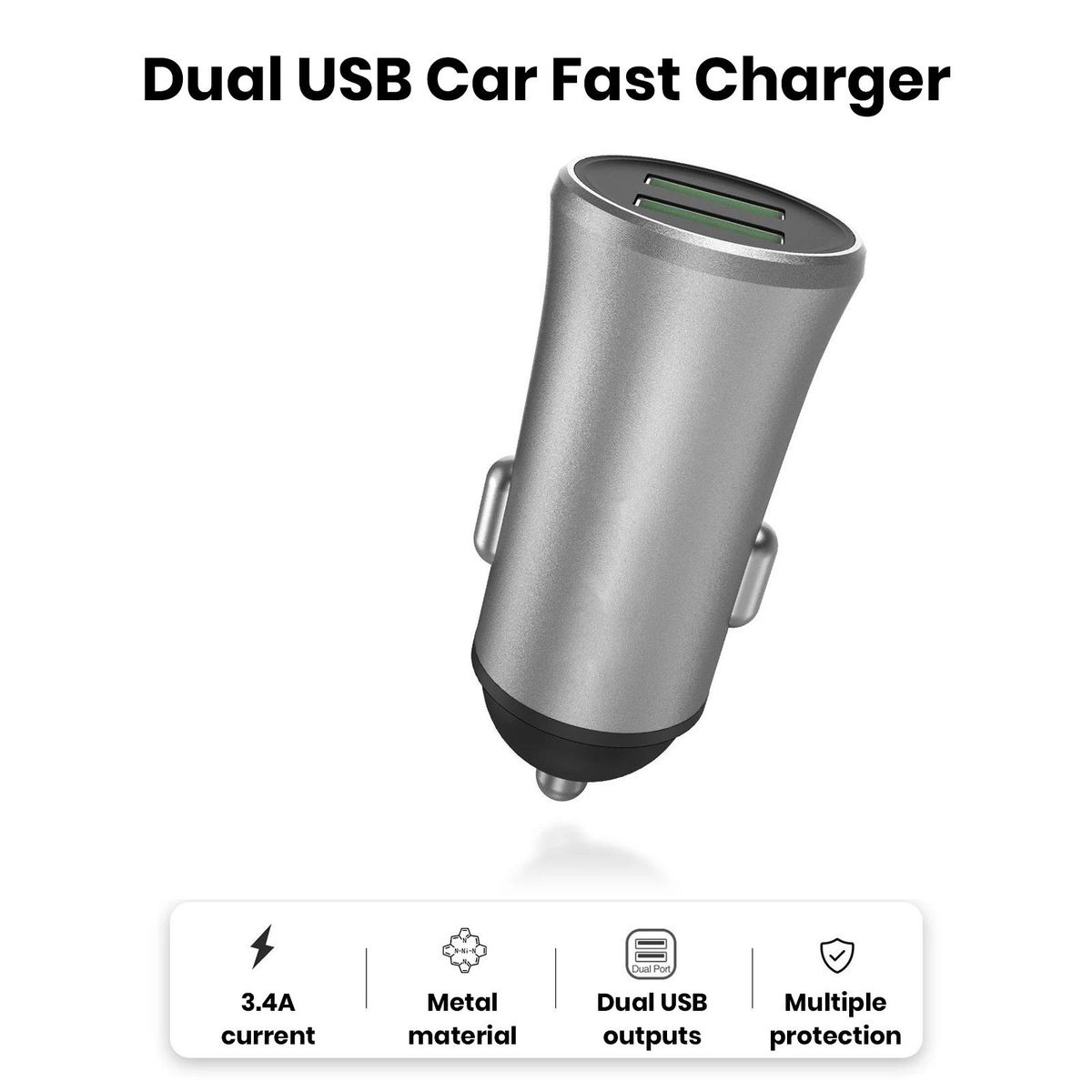 Usb Charging Adapter Fast Charge on Go Dual Port Usb Car for Universal Grey