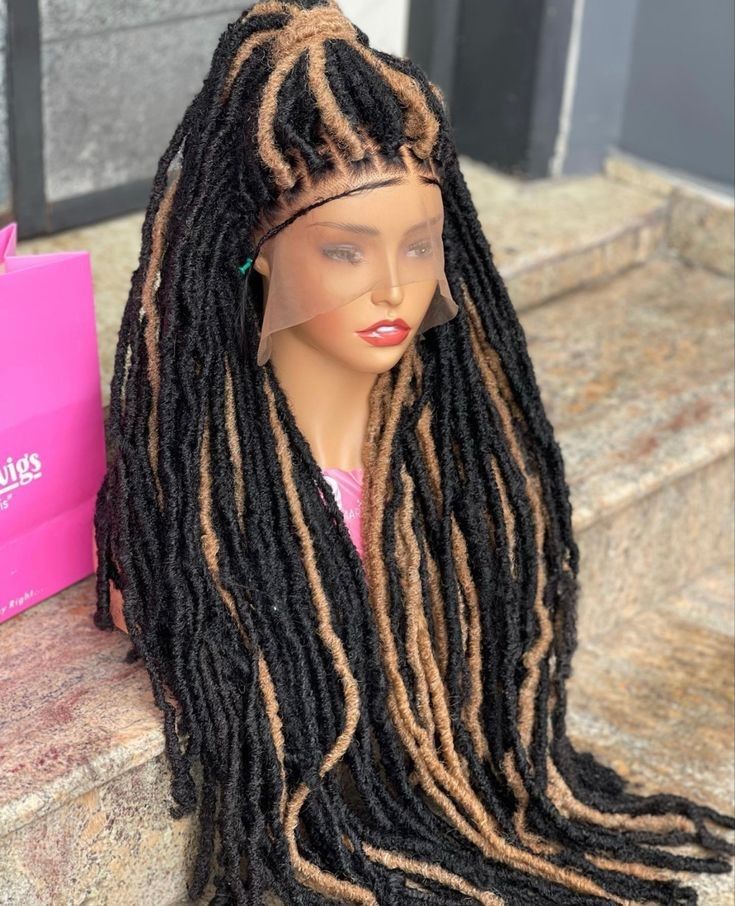 Black And Gold Dread Box Braided Wig With Frontal 18