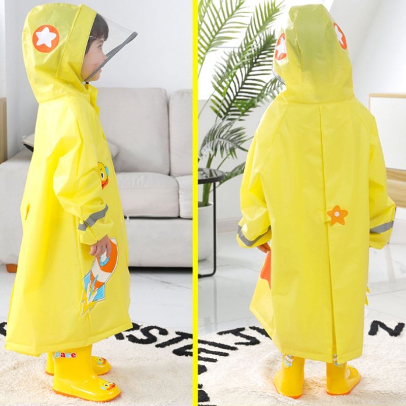 Large Hat Brim Cartoon Print Children Raincoat With Schoolbag Seat-Yellow
