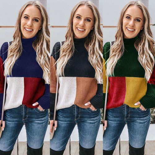 Winter Casual Fashion Women Patchwork Long Sleeves Knitted Turtle Neck Sweater Jumper Pullover Tops(#Blue)