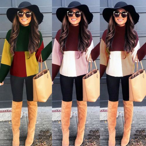 Winter Casual Fashion Women Patchwork Long Sleeves Knitted Turtle Neck Sweater Jumper Pullover Tops(#Blue)