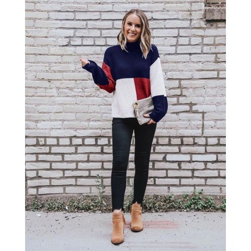 Winter Casual Fashion Women Patchwork Long Sleeves Knitted Turtle Neck Sweater Jumper Pullover Tops(#Blue)