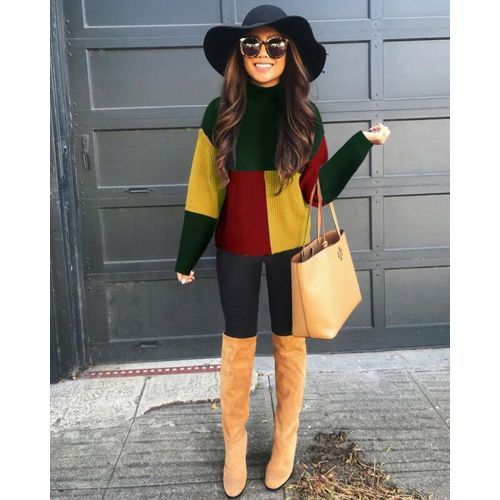 Winter Casual Fashion Women Patchwork Long Sleeves Knitted Turtle Neck Sweater Jumper Pullover Tops(#Blue)