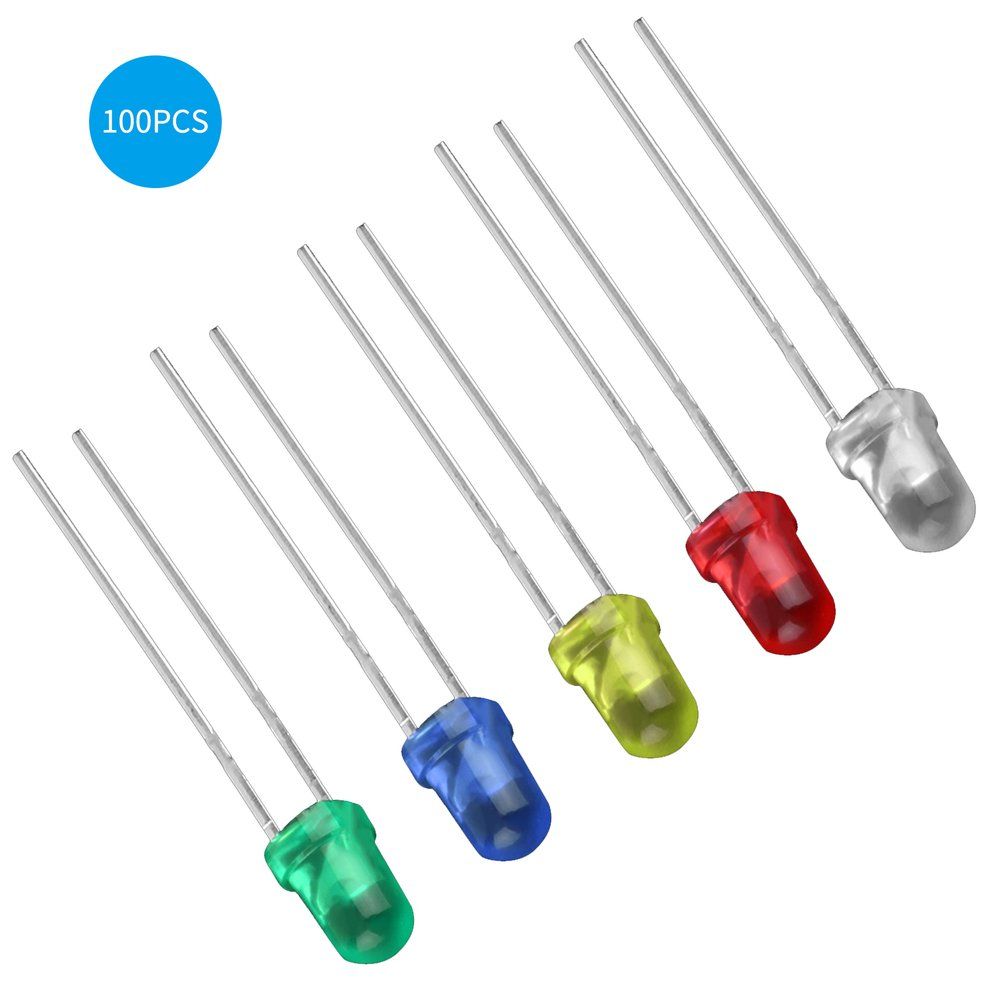 100 PCS Five Color LED Light Bulb High Power 2pin Emitting Diode Lamps Red&Blue&Green&Yellow&White