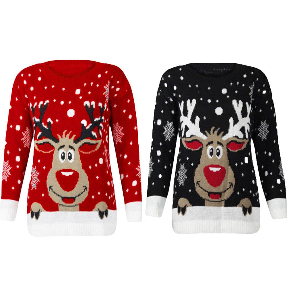 Plus Size 4xl Jumper Snowman Deer Sweaters New Santa Claus Xmas Patterned Ugly Christmas Sweaters Tops For Men Women Pullovers(#Red)