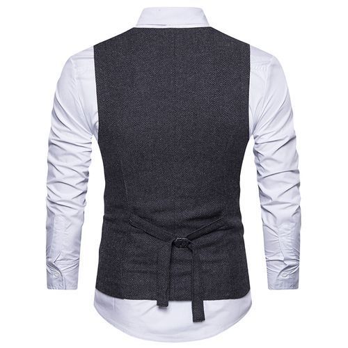 V Neck Double Breasted Belt Design Waistcoat - BLACK