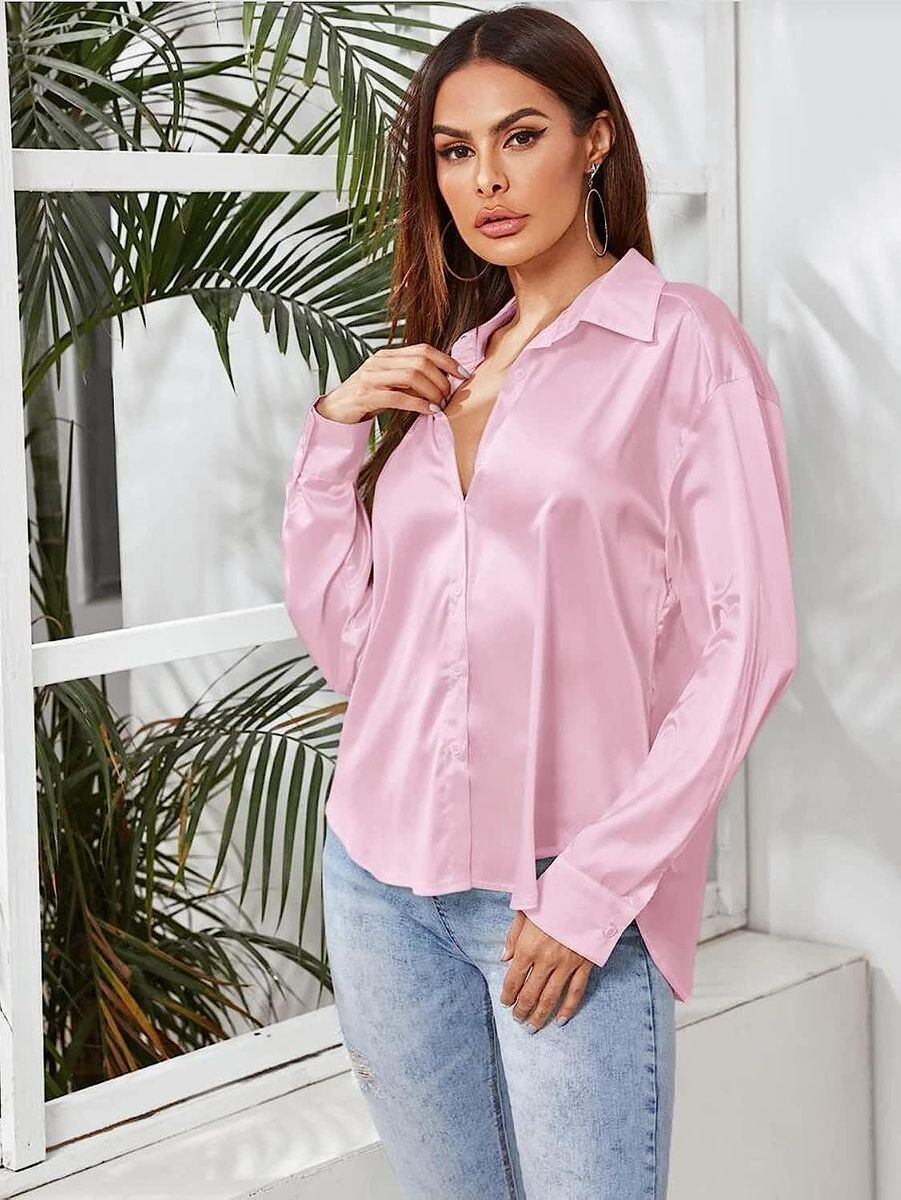 Light Pink Button Down Satin Silk Shirt Long Sleeve Ladies Women Top Blouse