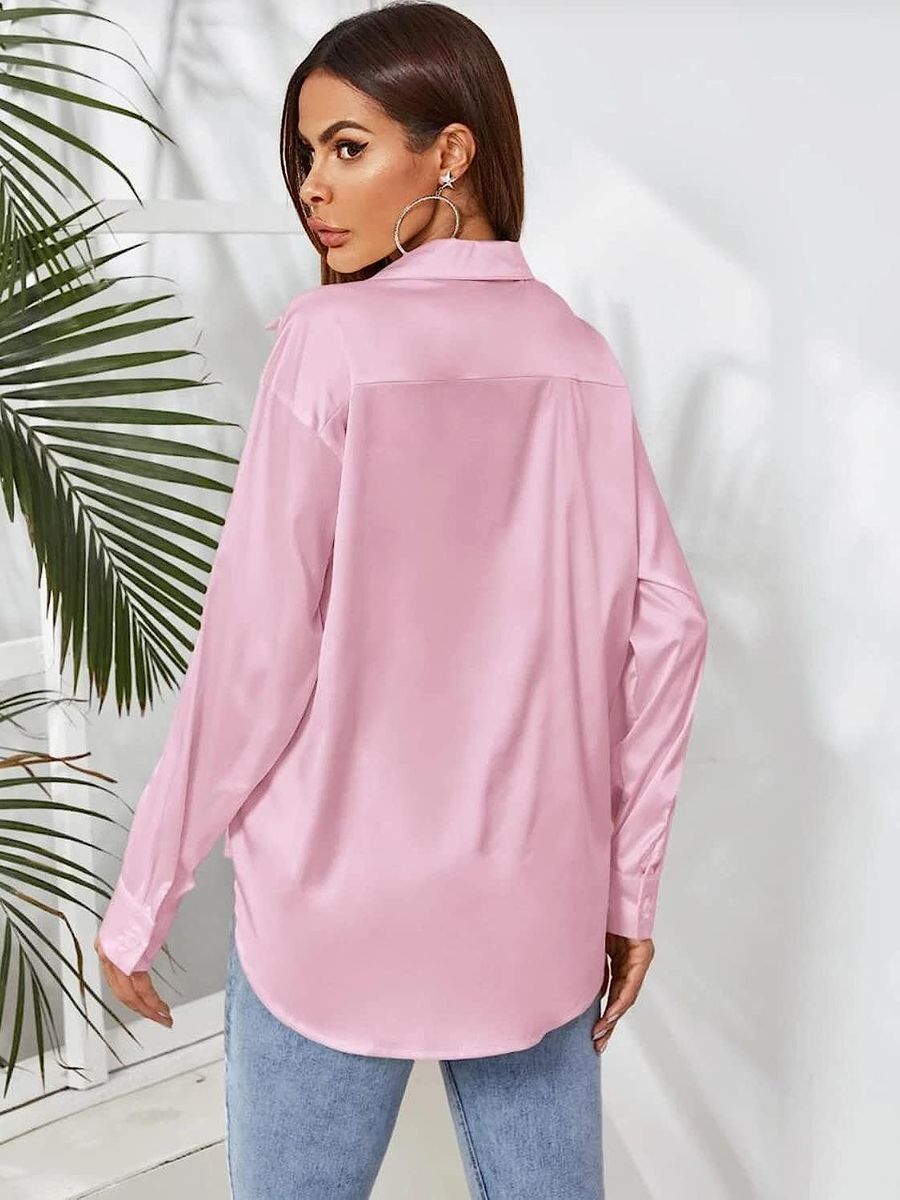 Light Pink Button Down Satin Silk Shirt Long Sleeve Ladies Women Top Blouse