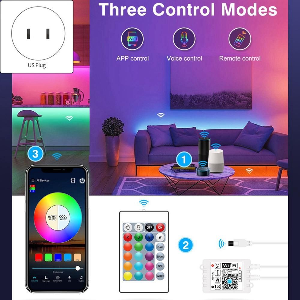 SMD5050 RGB LED Lights with Remote Control Smartphone App to Control LED Lights for Bedroom Bar Room DIY 20M US Plug