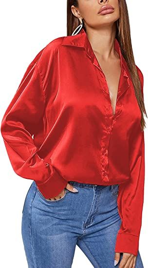 Red Button Down Satin Silk Shirt Long Sleeve Ladies Women Top Blouse