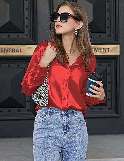 Red Button Down Satin Silk Shirt Long Sleeve Ladies Women Top Blouse