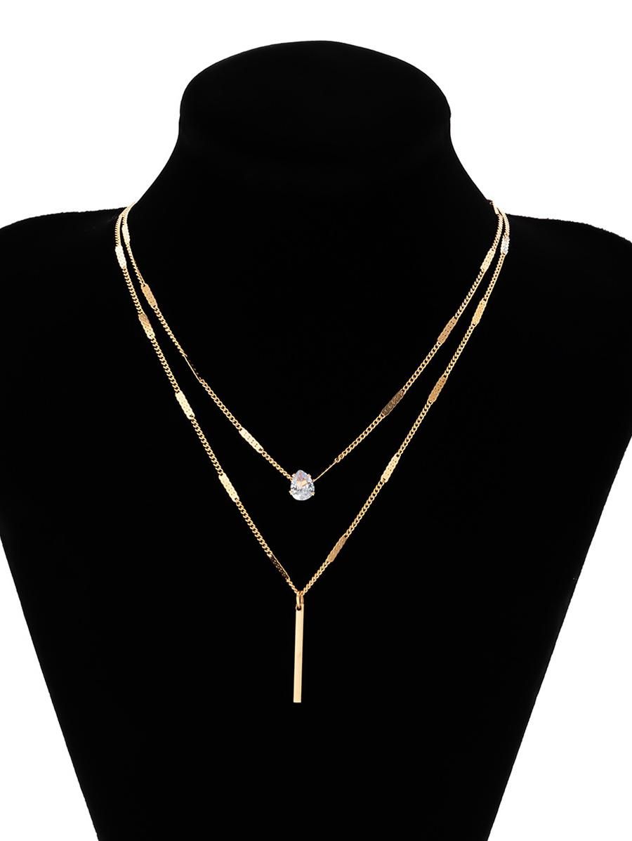Women Two Layer Diamond Pendant Chain Necklace Gold