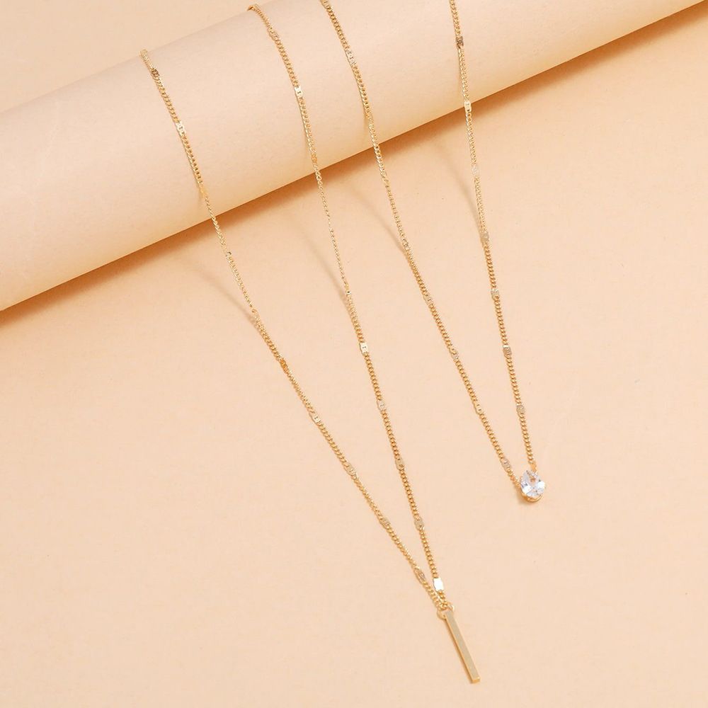 Women Two Layer Diamond Pendant Chain Necklace Gold