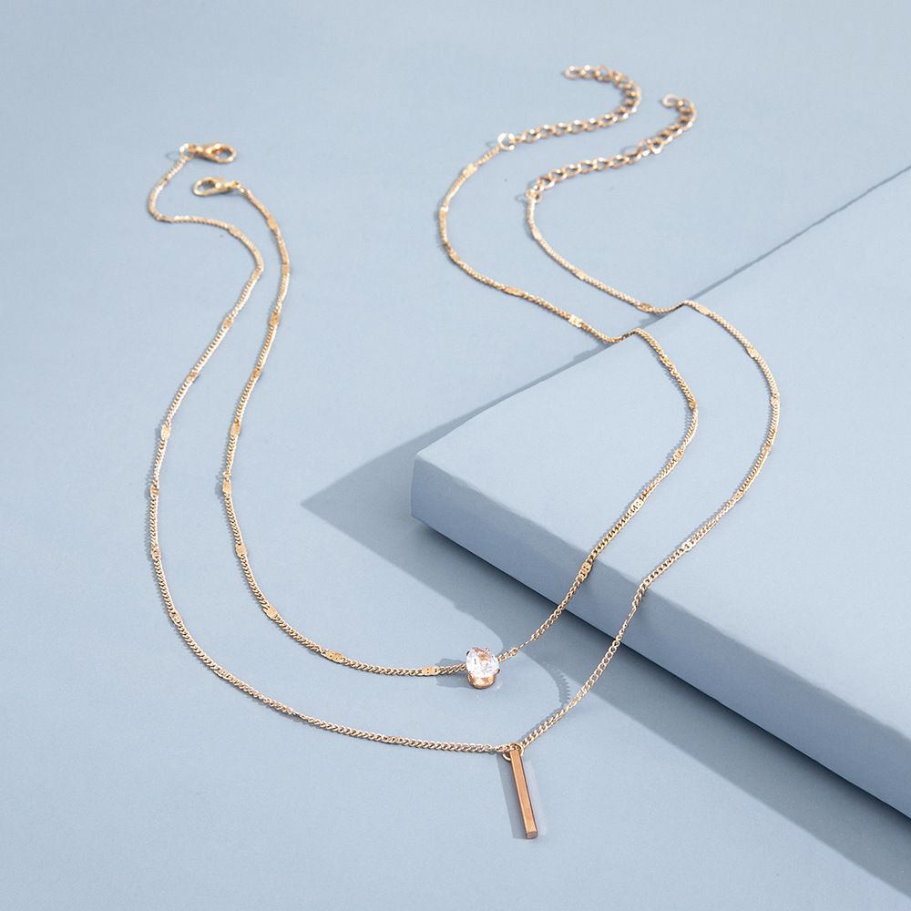 Women Two Layer Diamond Pendant Chain Necklace Gold