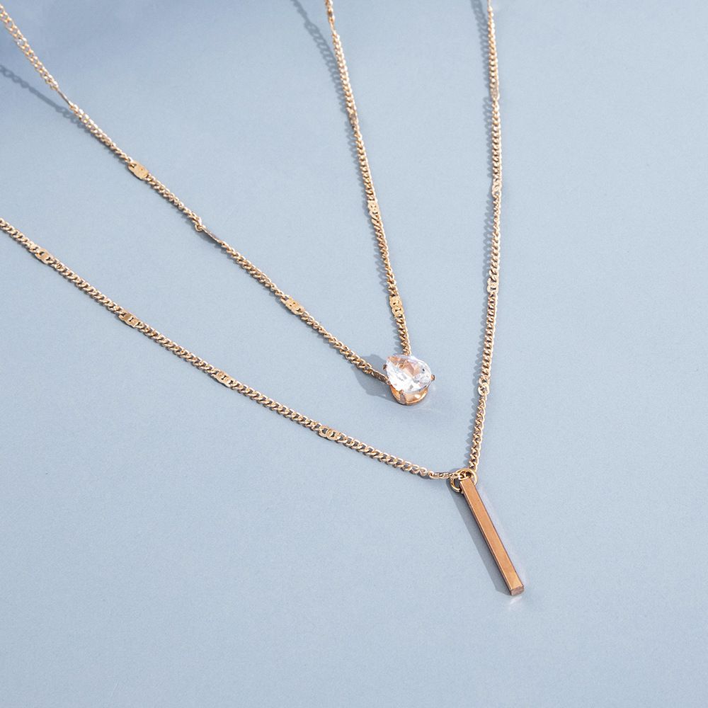 Women Two Layer Diamond Pendant Chain Necklace Gold