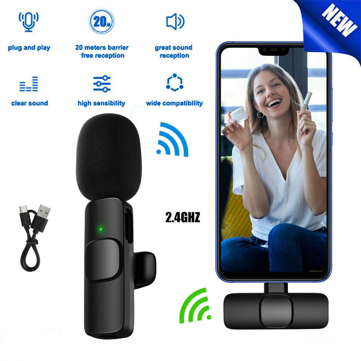 Wireless Bluetooth Lavalier Microphone Audio Video Recording Mini Mic For IPhone & Android Type-C