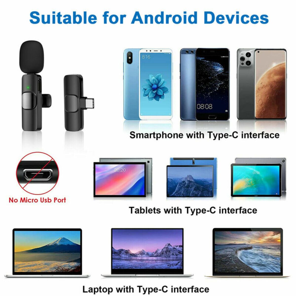 Wireless Bluetooth Lavalier Microphone Audio Video Recording Mini Mic For IPhone & Android Type-C