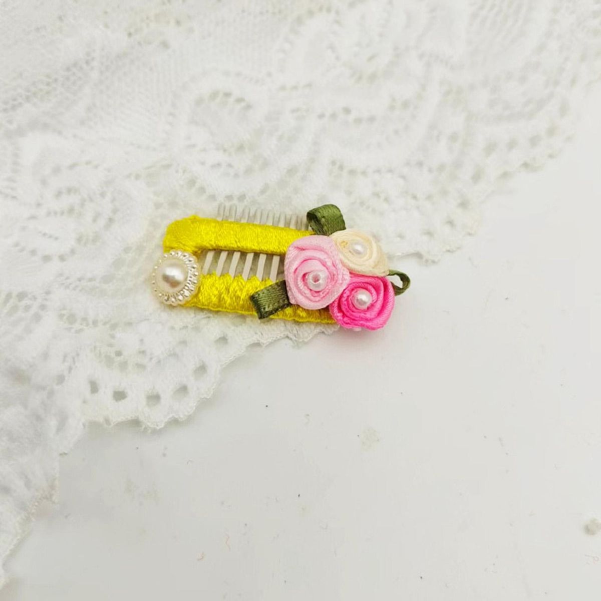 Pet Headwear Pet Dog Floral Faux Pearl Bows Hair Pin Yellow