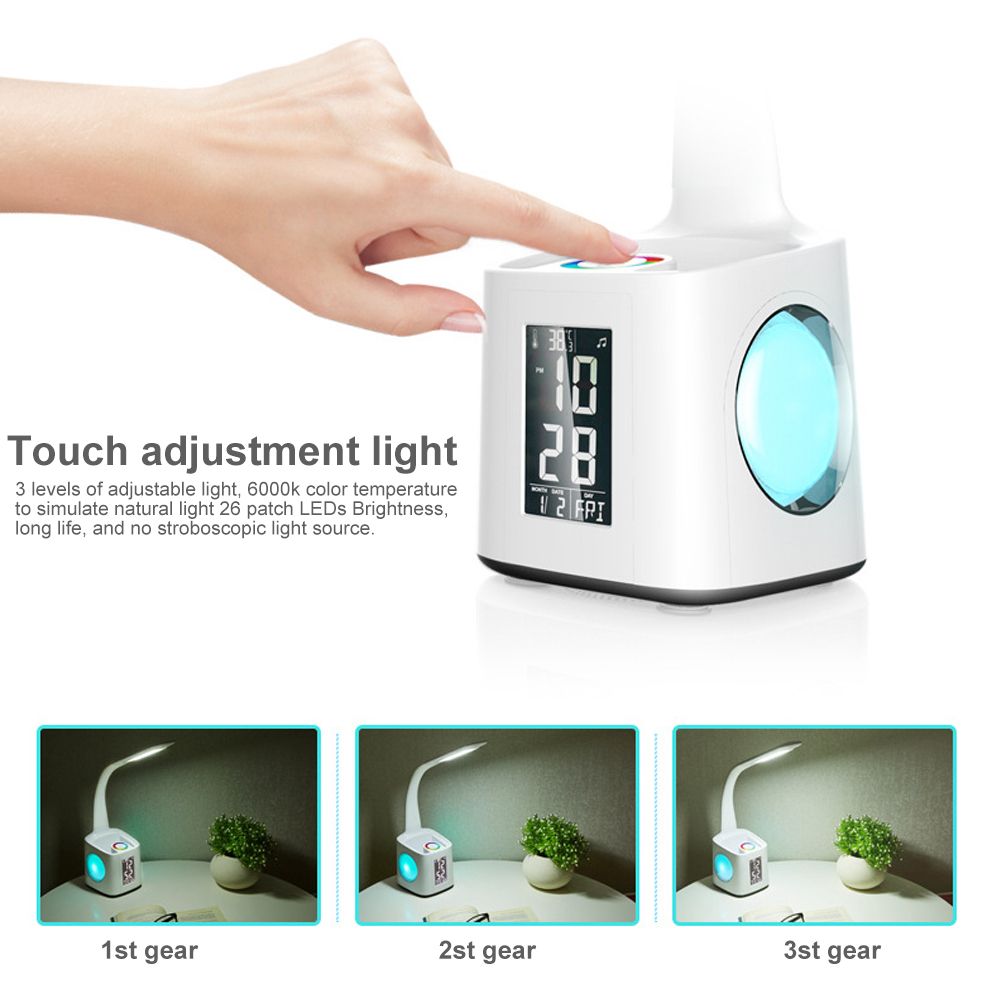 LED Desk Lamp USB Charging Night Alarm Clock Thermometer