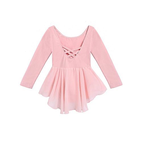 Little Girls O-Neck Long Sleeve Criss Cross Back Ruffles Solid Leotard-Pink