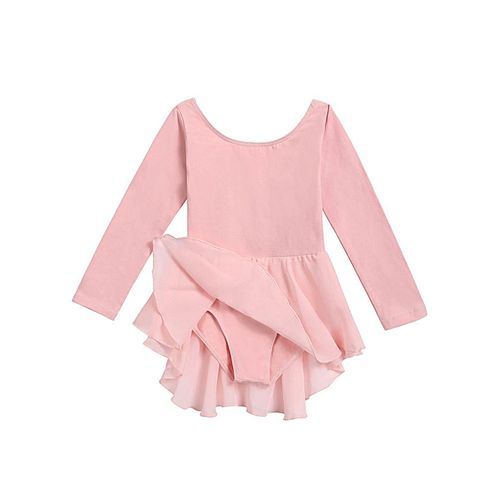 Little Girls O-Neck Long Sleeve Criss Cross Back Ruffles Solid Leotard-Pink