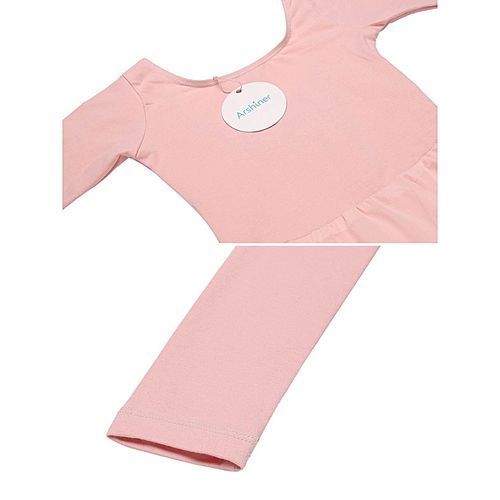 Little Girls O-Neck Long Sleeve Criss Cross Back Ruffles Solid Leotard-Pink