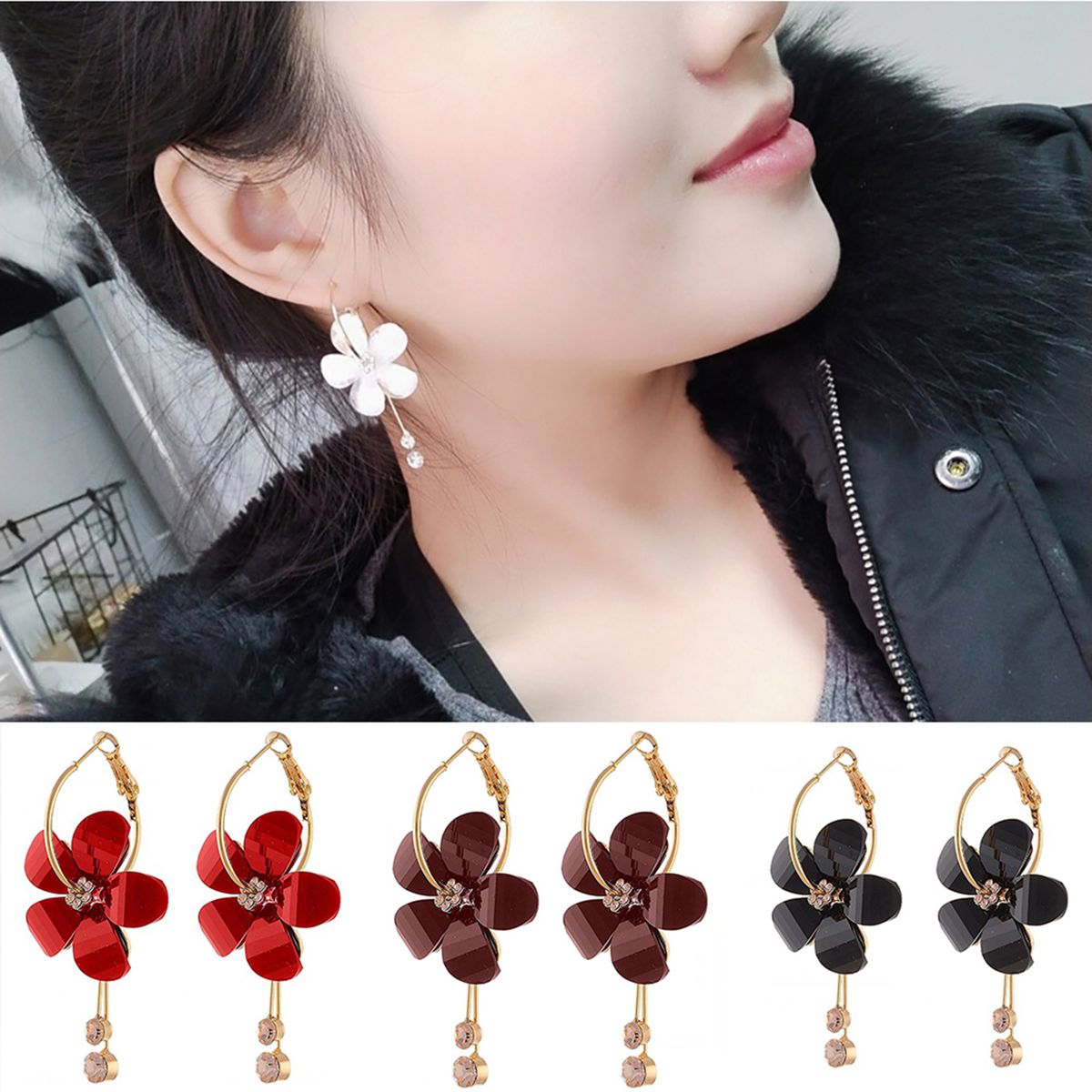 1 Pair Women Petal Flower Shape Rhinestone Inlaid Alloy Dangle Earrings For Wedding Party-Brown