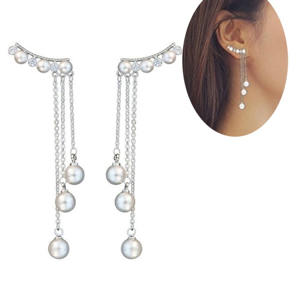 Women Faux Pearls Inlaid Chain Tassel Dangle Ear Jackets Earrings Jewelry Gift
