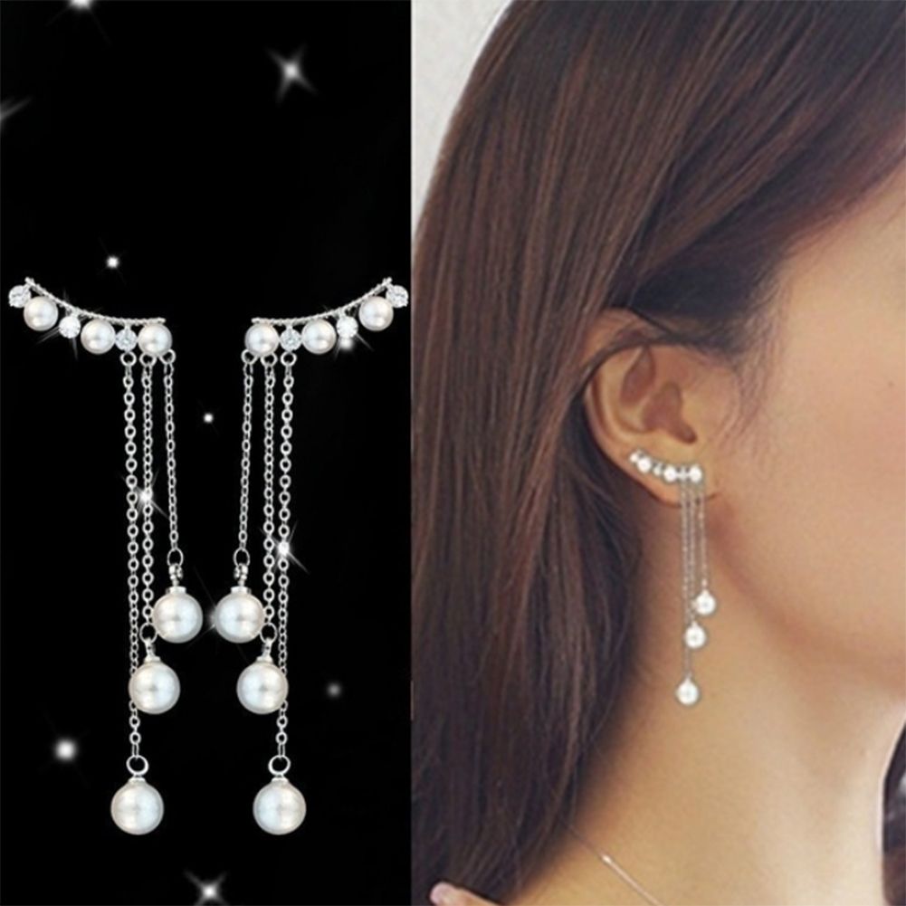 Women Faux Pearls Inlaid Chain Tassel Dangle Ear Jackets Earrings Jewelry Gift